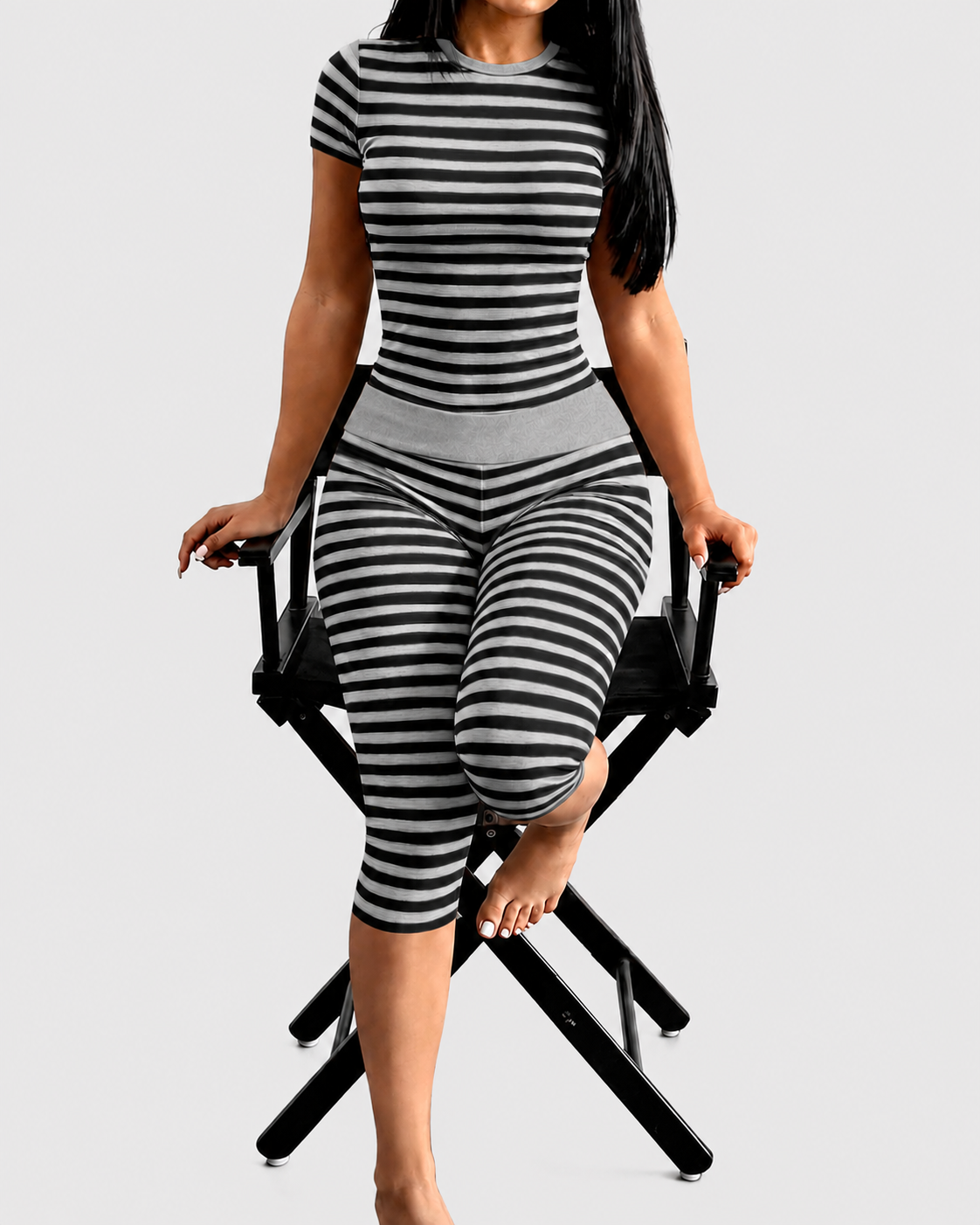 Striped Crew Neck High Waist Stretch Fitted Crop Top & Capri Leggings Lounge Set