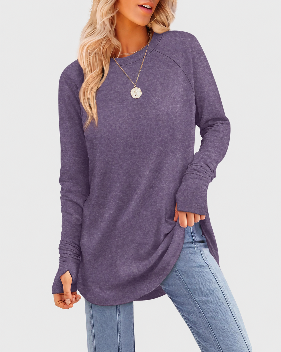 Tunic Long Sleeve Thumb Holes Curved Hem Stretchy Round Neck Top