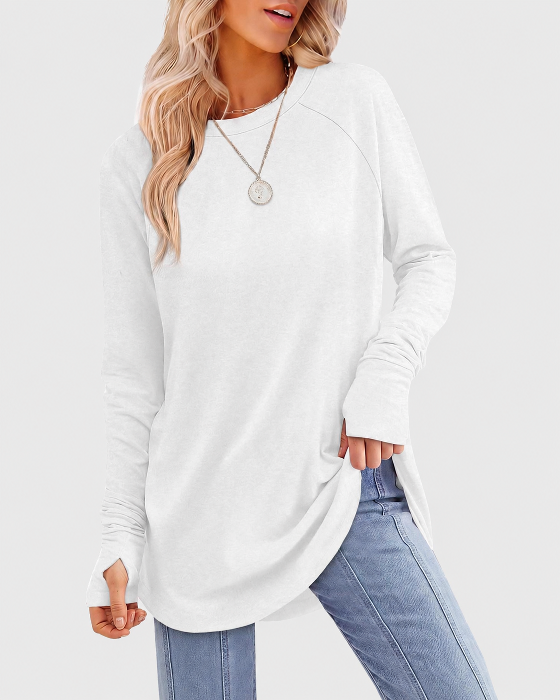 Tunic Long Sleeve Thumb Holes Curved Hem Stretchy Round Neck Top
