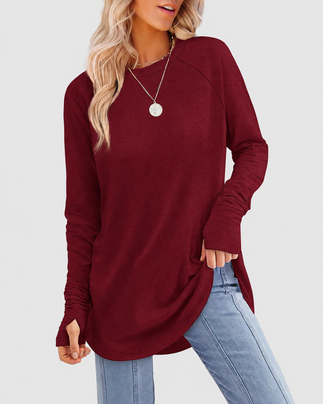 Tunic Long Sleeve Thumb Holes Curved Hem Stretchy Round Neck Top
