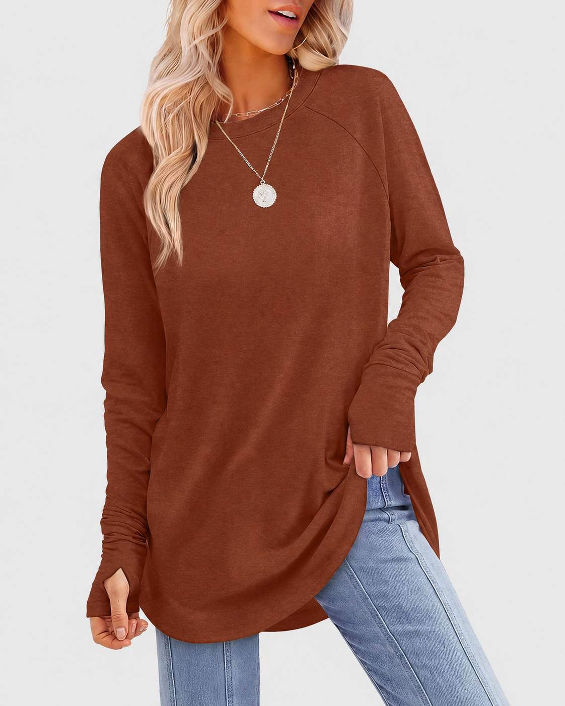 Tunic Long Sleeve Thumb Holes Curved Hem Stretchy Round Neck Top