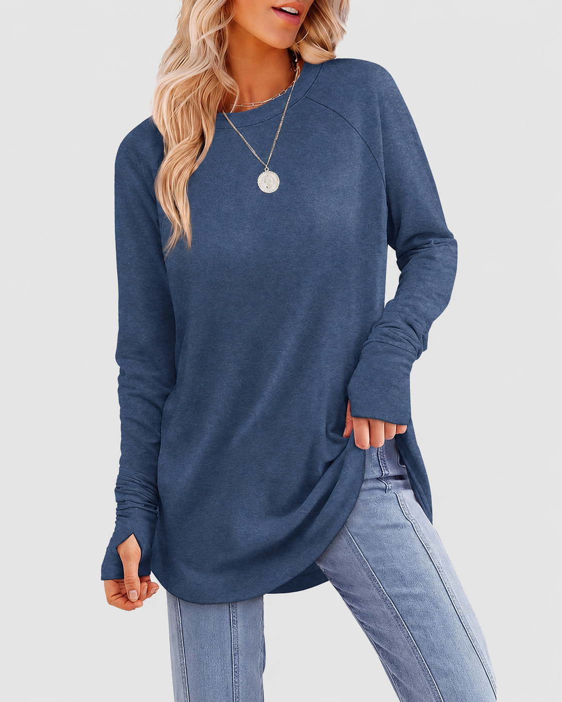 Tunic Long Sleeve Thumb Holes Curved Hem Stretchy Round Neck Top