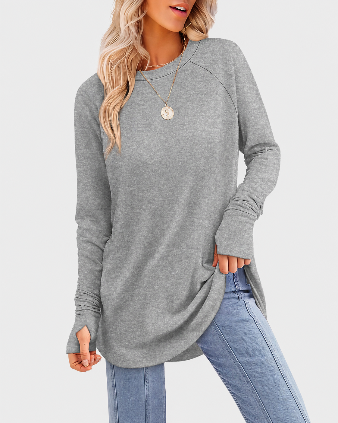 Tunic Long Sleeve Thumb Holes Curved Hem Stretchy Round Neck Top