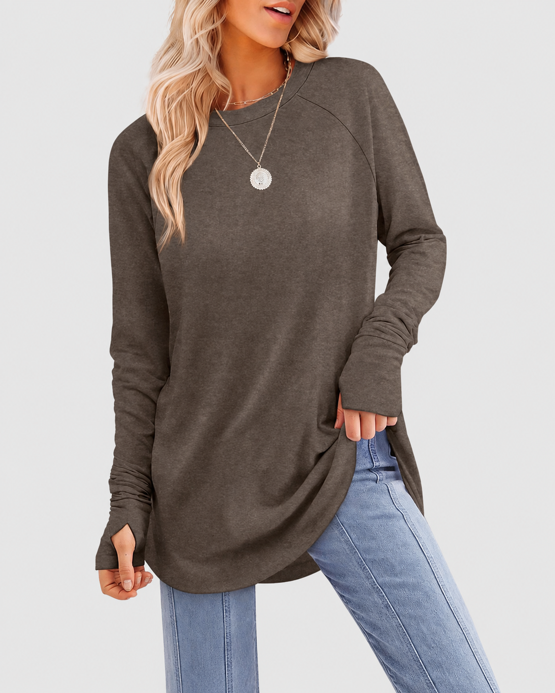 Tunic Long Sleeve Thumb Holes Curved Hem Stretchy Round Neck Top