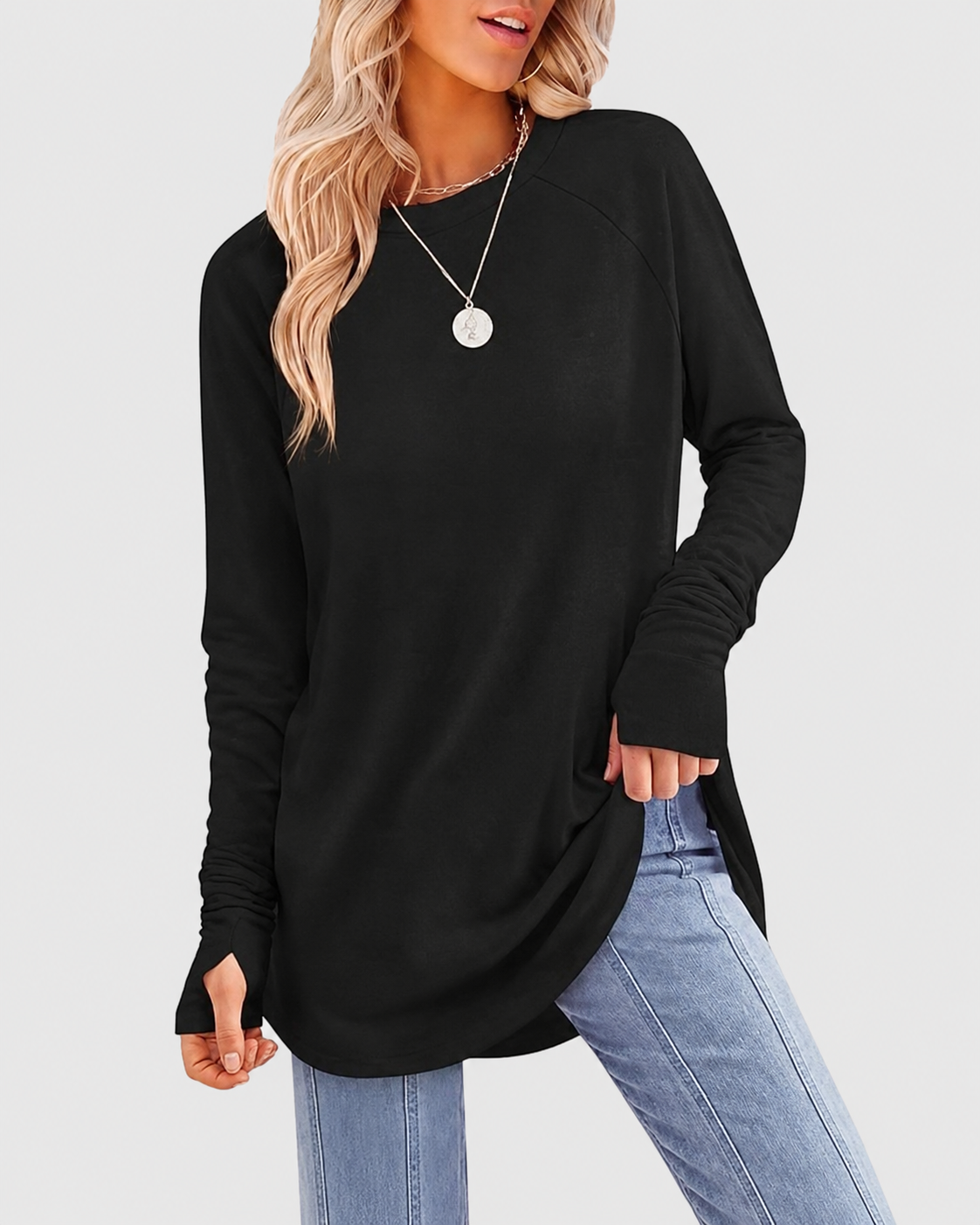 Tunic Long Sleeve Thumb Holes Curved Hem Stretchy Round Neck Top