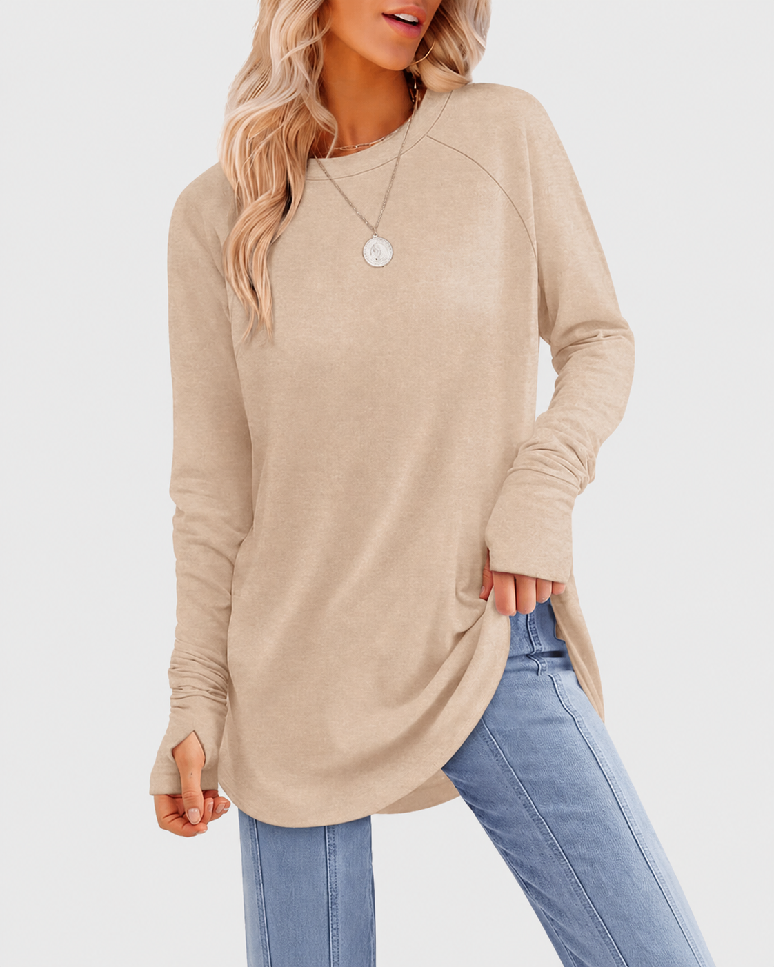 Tunic Long Sleeve Thumb Holes Curved Hem Stretchy Round Neck Top