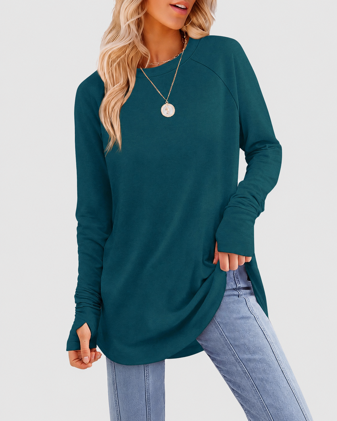 Tunic Long Sleeve Thumb Holes Curved Hem Stretchy Round Neck Top