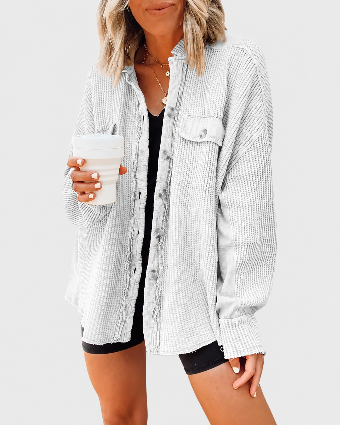 Loose Waffle Knit Button Down Batwing Shacket Casual Office Top