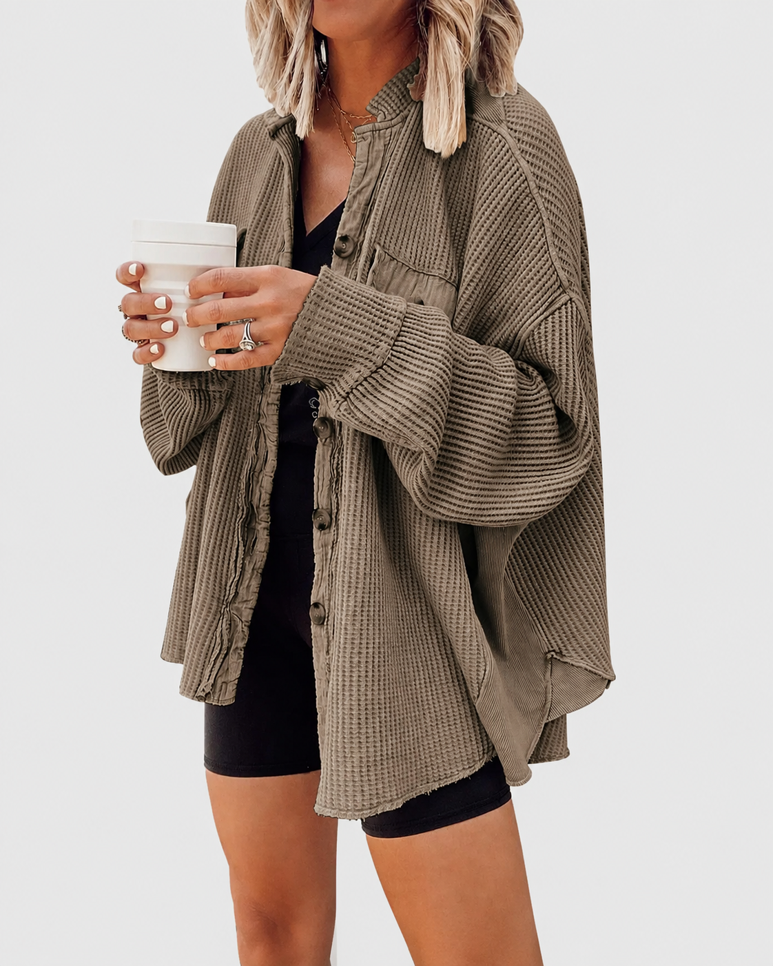Loose Waffle Knit Button Down Batwing Shacket Casual Office Top