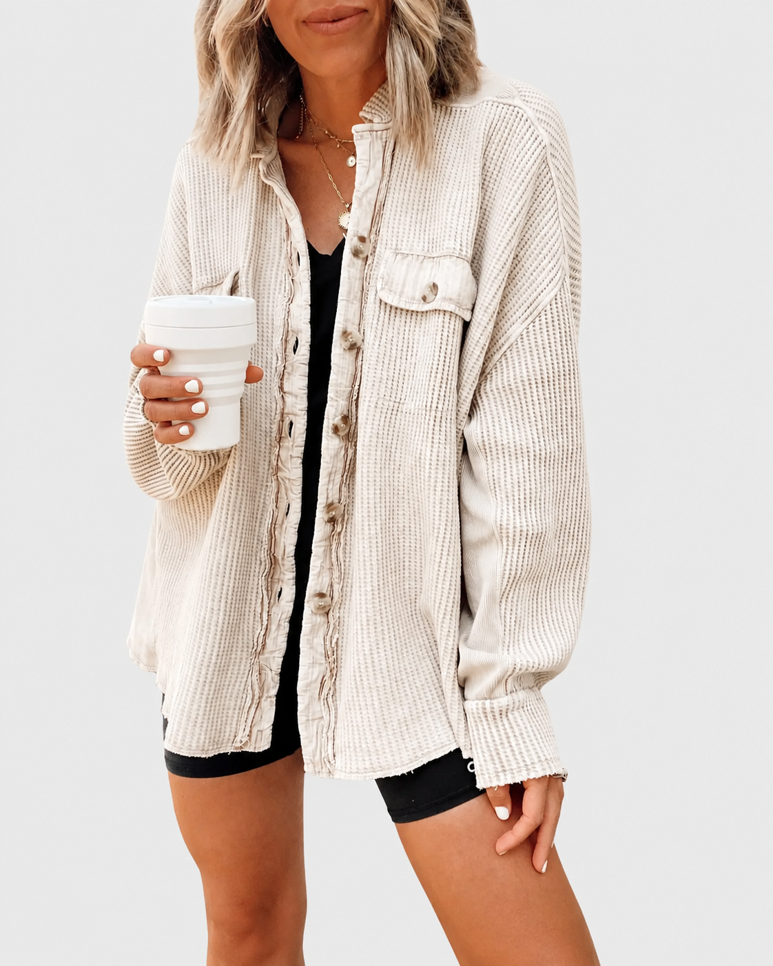 Loose Waffle Knit Button Down Batwing Shacket Casual Office Top