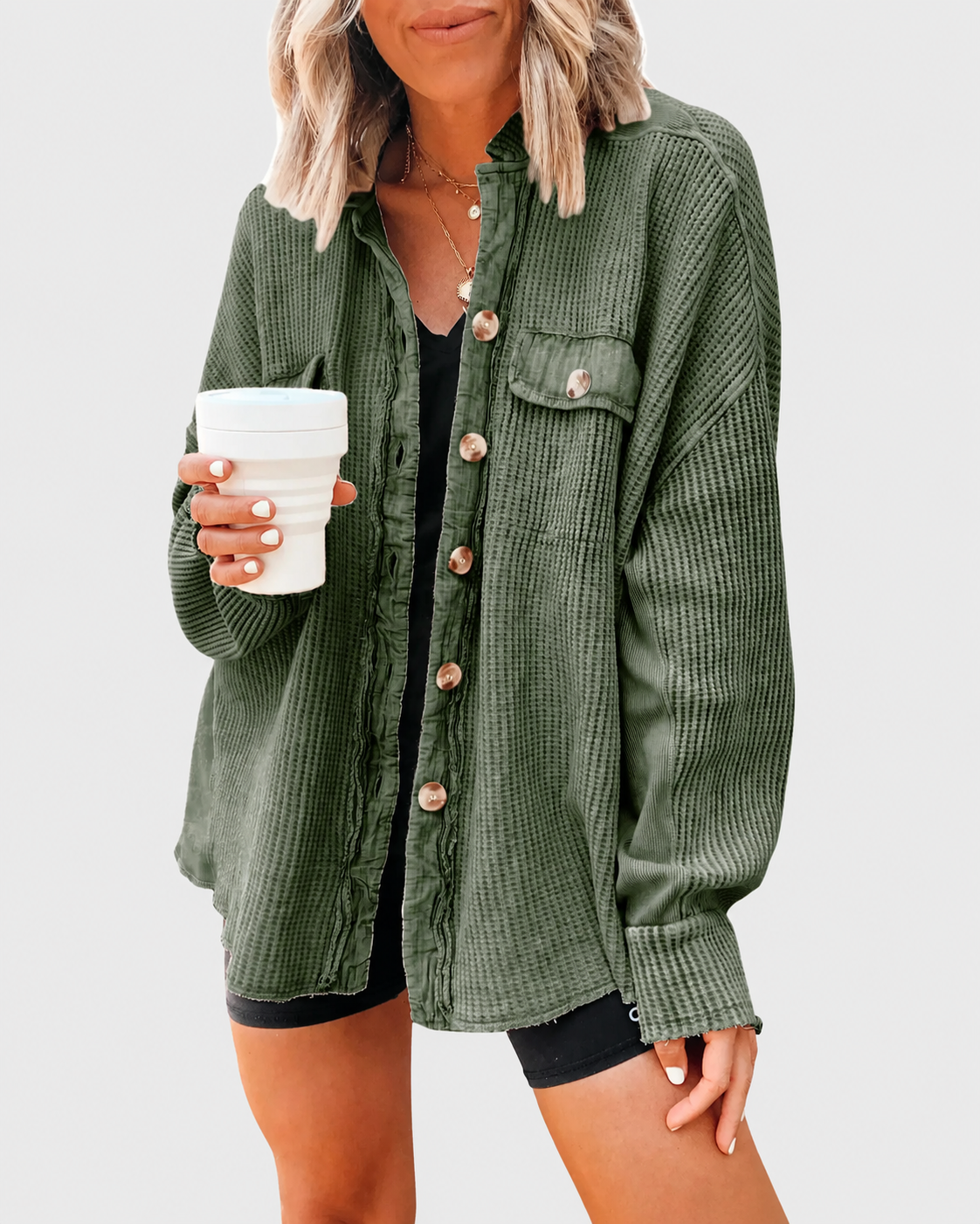Loose Waffle Knit Button Down Batwing Shacket Casual Office Top