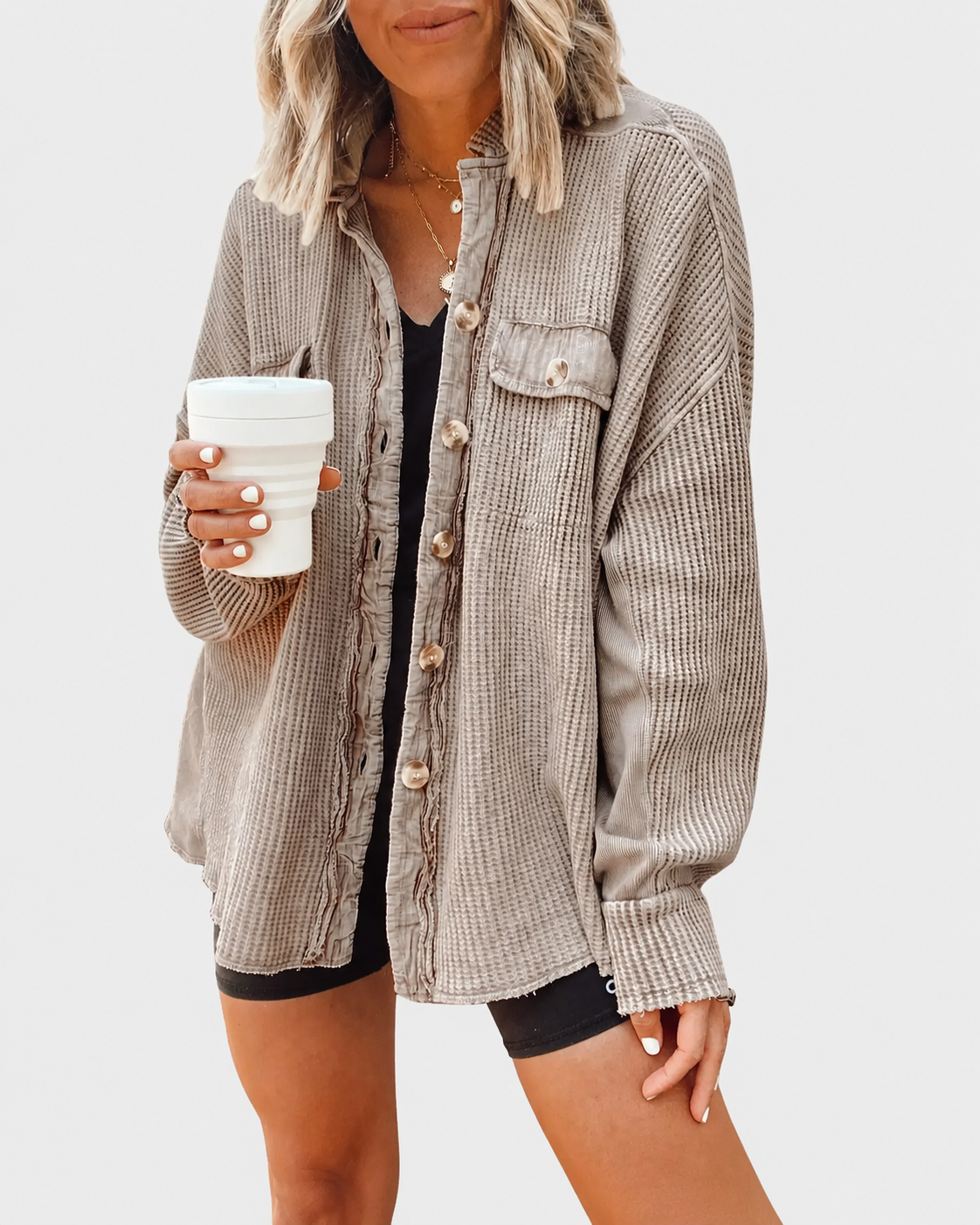 Loose Waffle Knit Button Down Batwing Shacket Casual Office Top