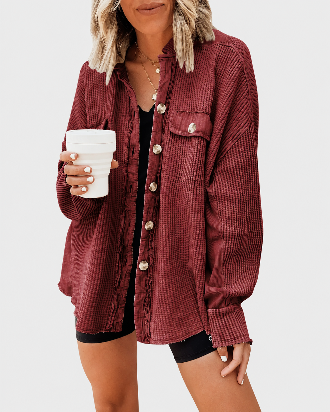 Loose Waffle Knit Button Down Batwing Shacket Casual Office Top