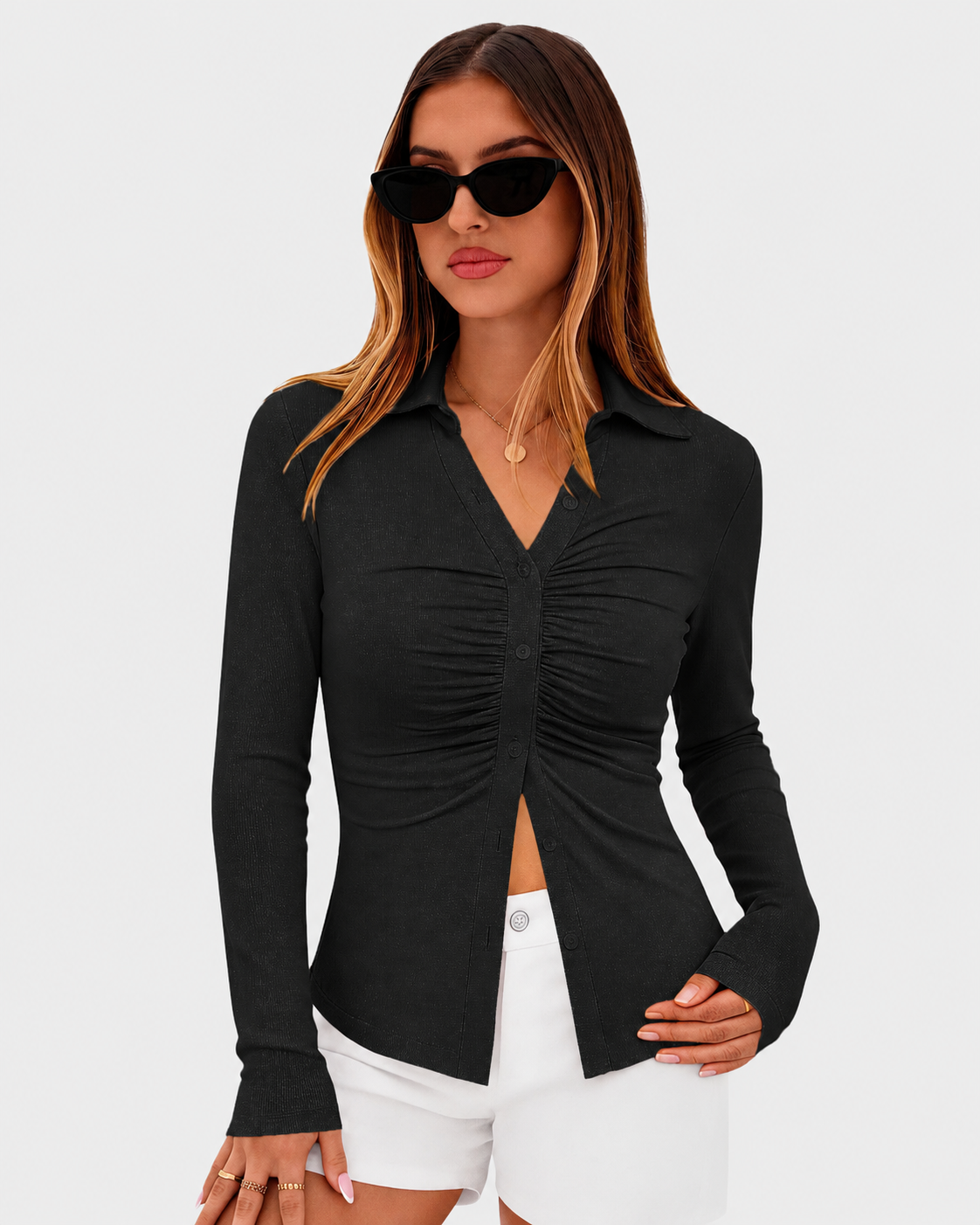 Women's Button Down V Neck Ruched Slim Fit Long Sleeve Casual Fall Top