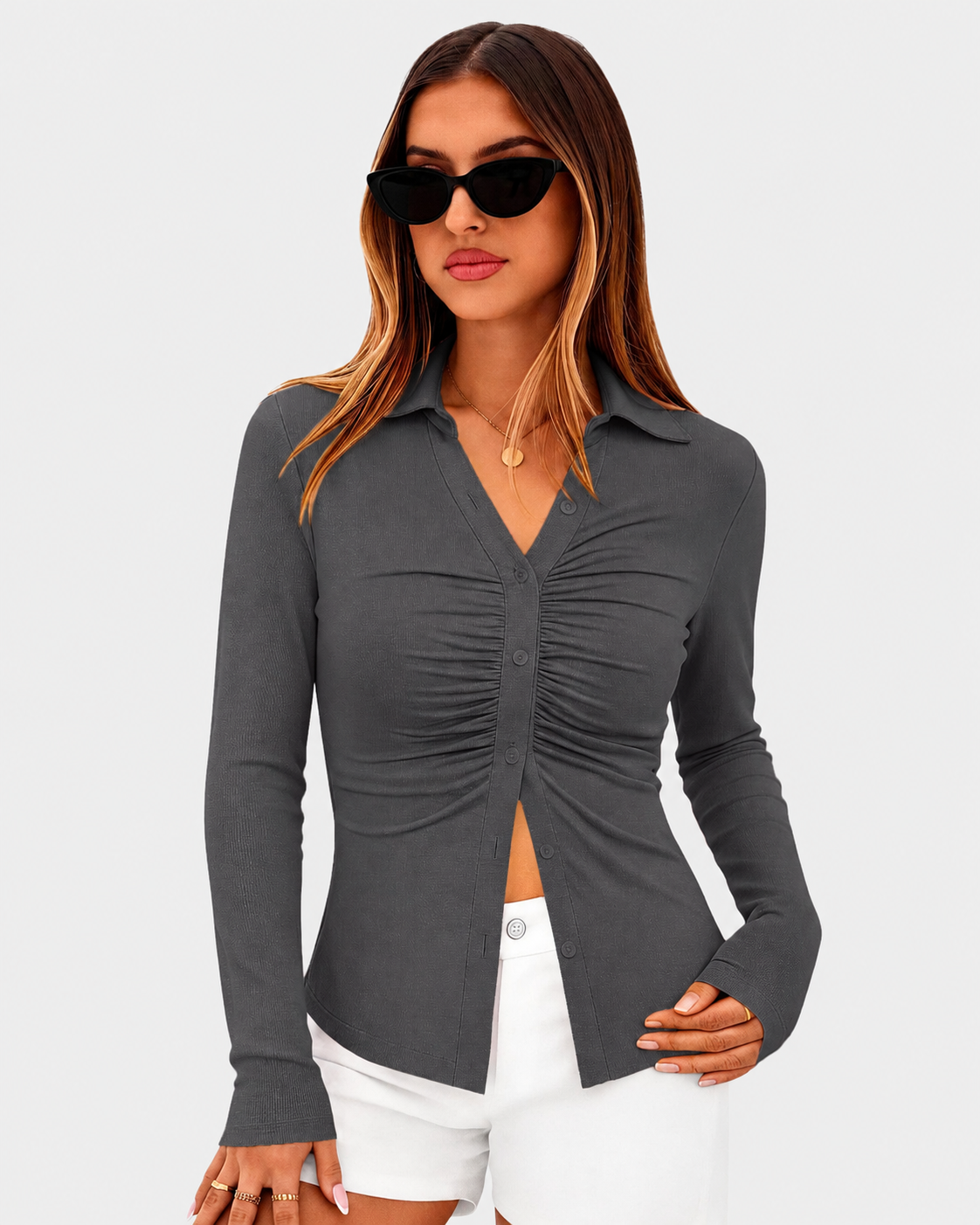 Women's Button Down V Neck Ruched Slim Fit Long Sleeve Casual Fall Top