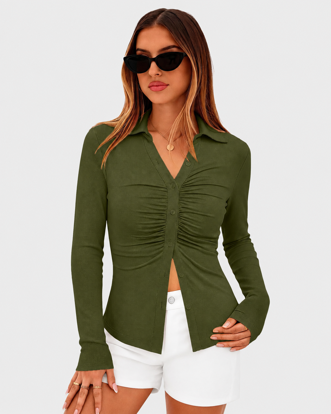 Women's Button Down V Neck Ruched Slim Fit Long Sleeve Casual Fall Top