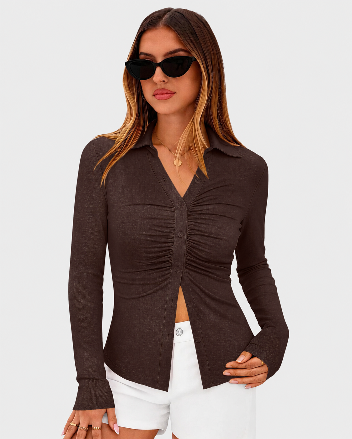 Women's Button Down V Neck Ruched Slim Fit Long Sleeve Casual Fall Top