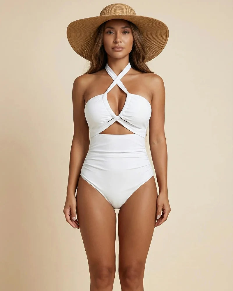 Deep V Cross Halter Cut Out Backless High Stretch Bodycon Swimsuit