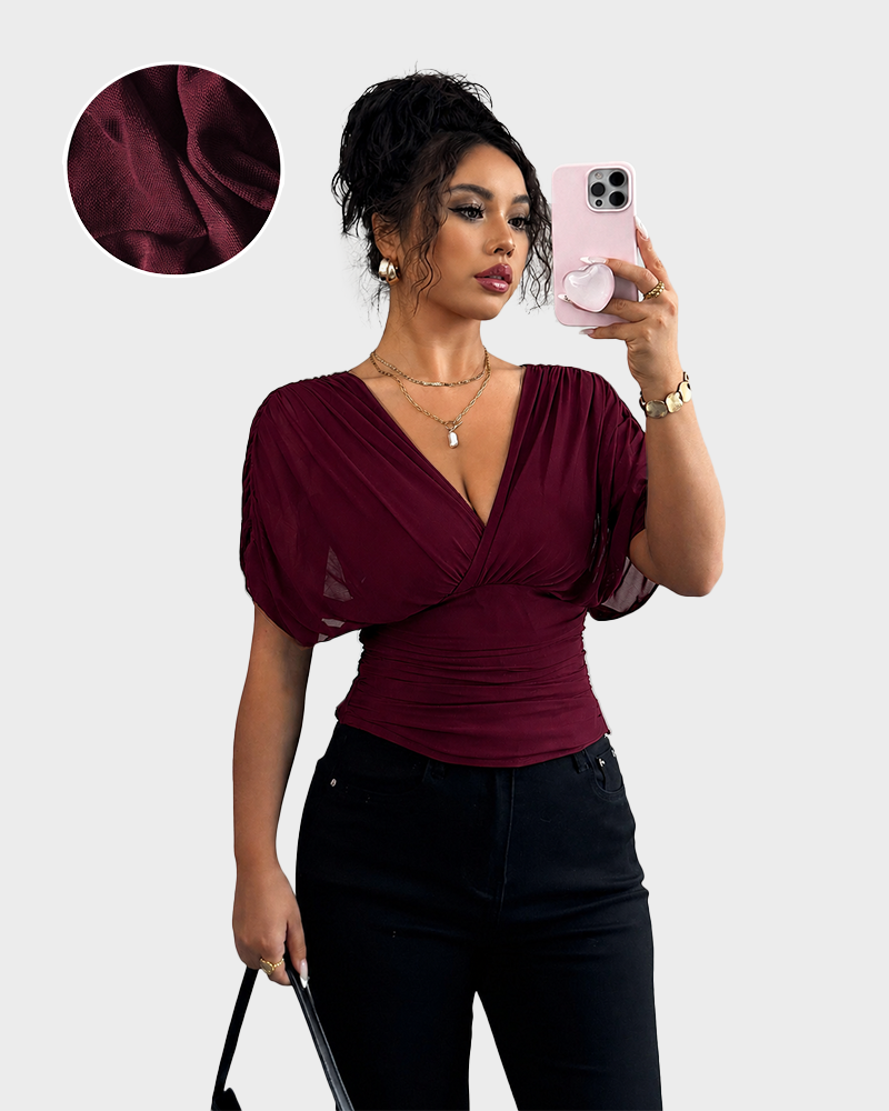 Women's V Neck Ruched Slim Fit Blouse Short Sleeve Summer Top