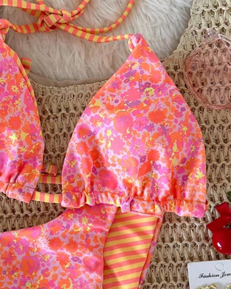 Sexy Tie Neck Ditsy Floral Stripe Two Piece Bikini Set Beach Swimsuit