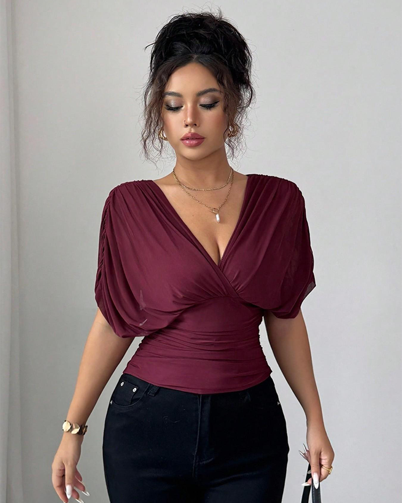 Women's V Neck Ruched Slim Fit Blouse Short Sleeve Summer Top