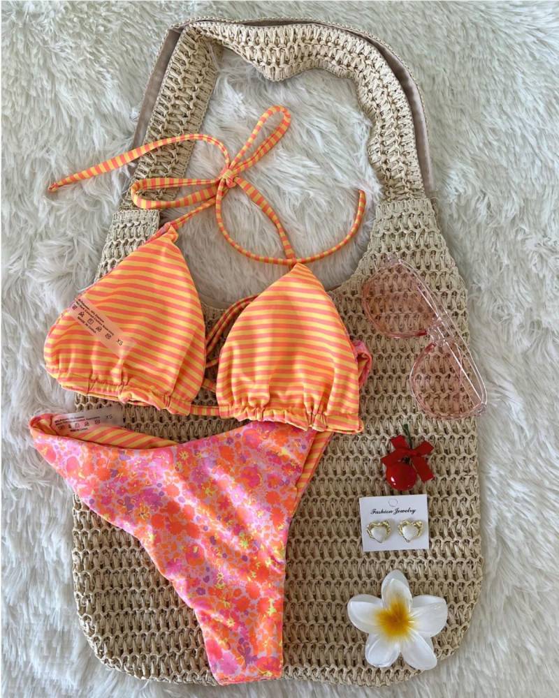 Sexy Tie Neck Ditsy Floral Stripe Two Piece Bikini Set Beach Swimsuit