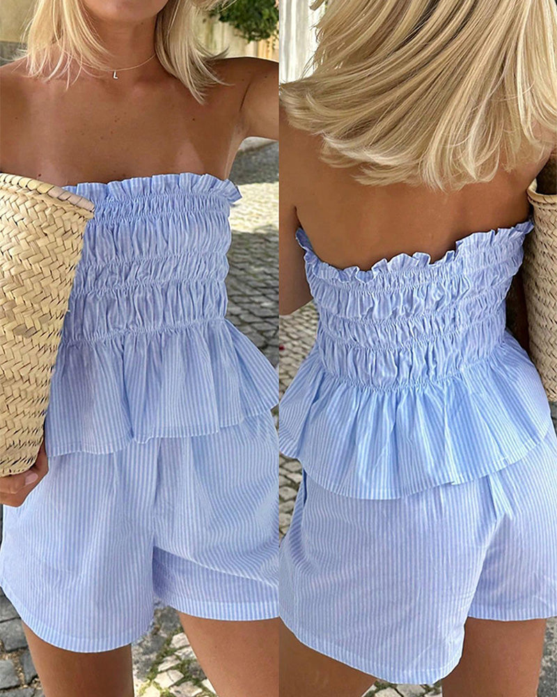 Striped Tube Top & Shorts Set Casual Strapless Two Piece for Women