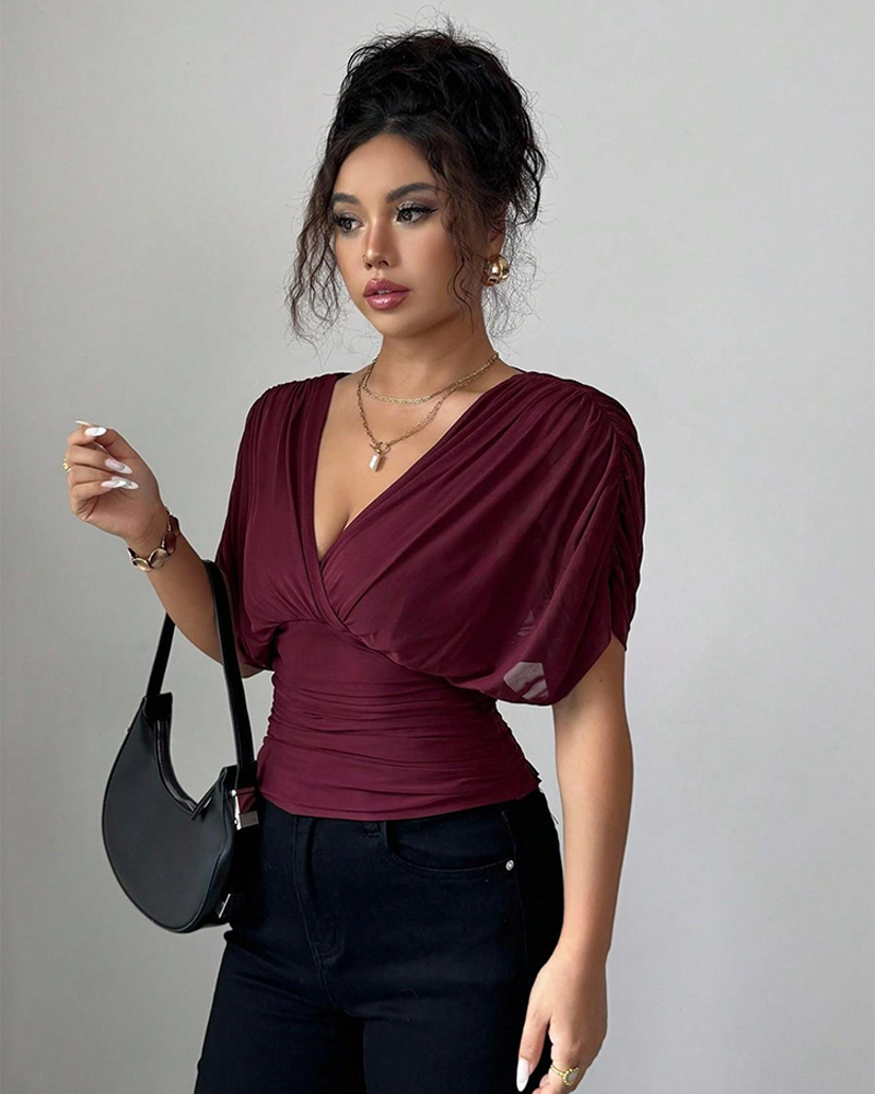 Women's V Neck Ruched Slim Fit Blouse Short Sleeve Summer Top