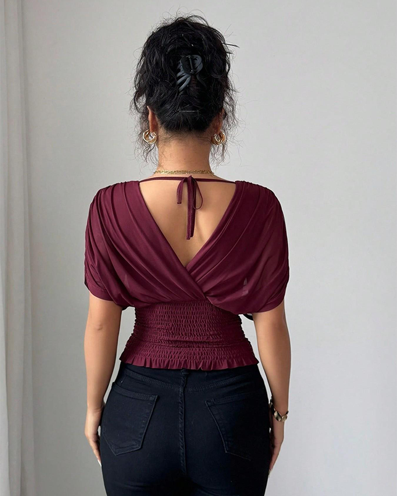 Women's V Neck Ruched Slim Fit Blouse Short Sleeve Summer Top
