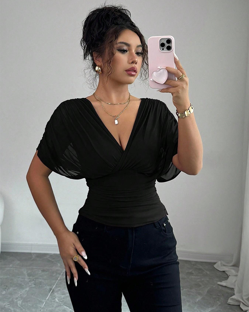Women's V Neck Ruched Slim Fit Blouse Short Sleeve Summer Top