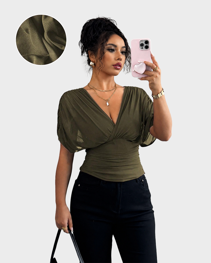 Women's V Neck Ruched Slim Fit Blouse Short Sleeve Summer Top