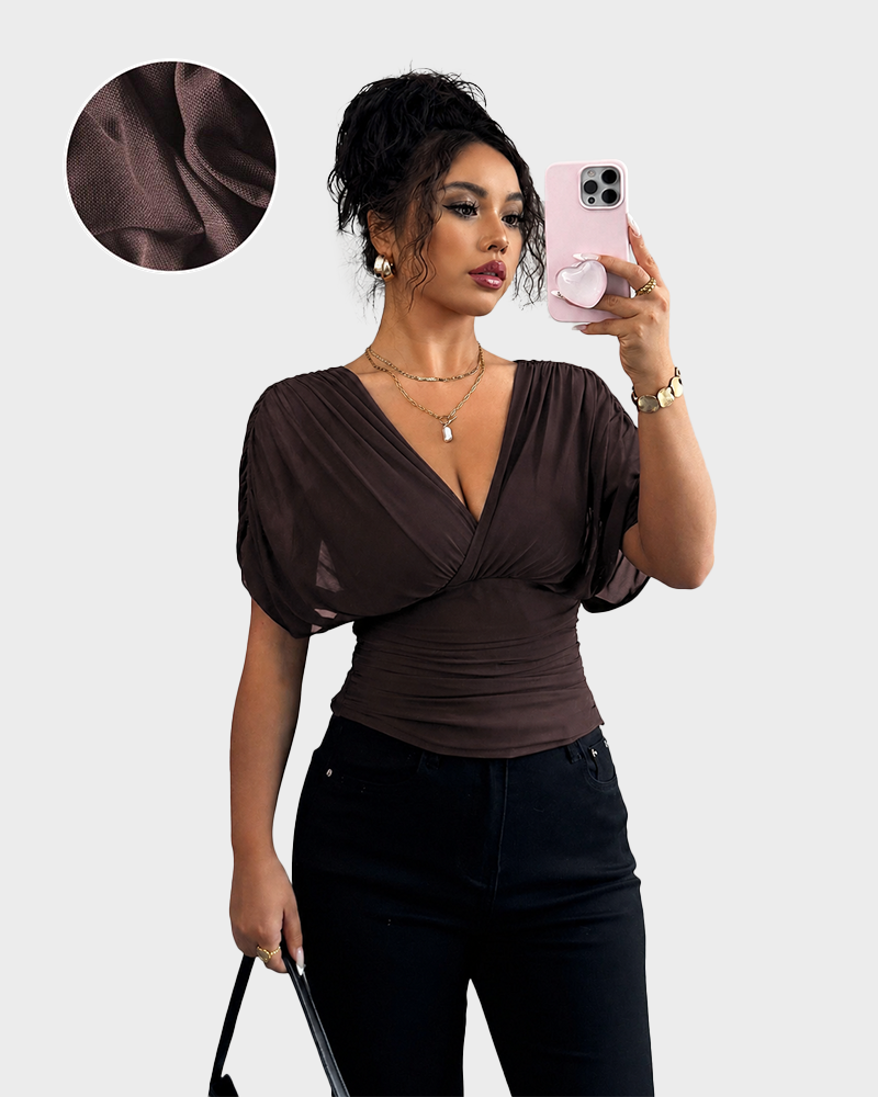 Women's V Neck Ruched Slim Fit Blouse Short Sleeve Summer Top