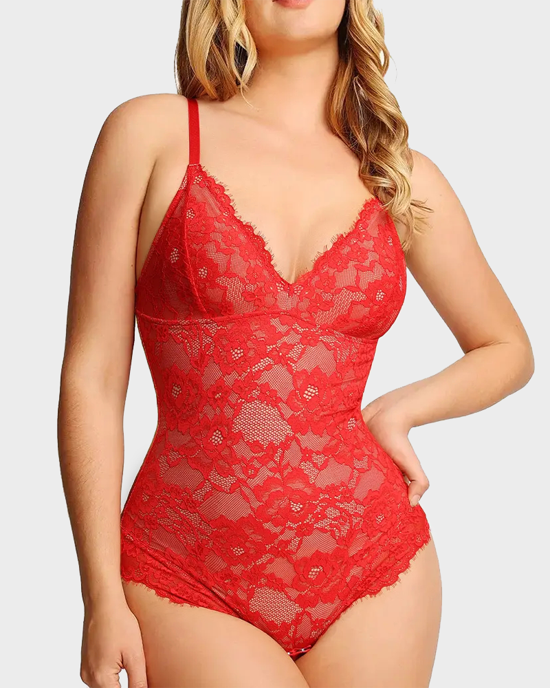 Deep V Sexy Lace Sculpting Thong Tummy Control Bodysuit