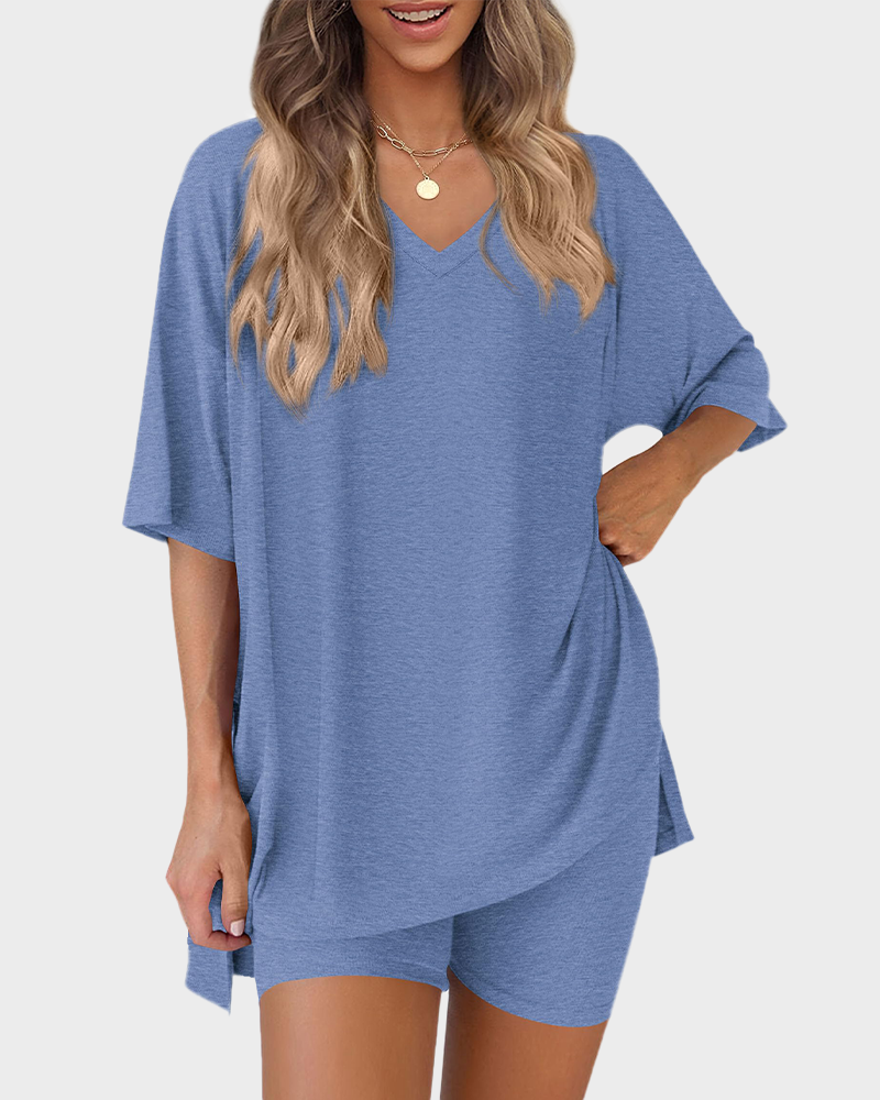 V Neck Oversized Shirt & Biker Shorts 2 Piece Lounge Set