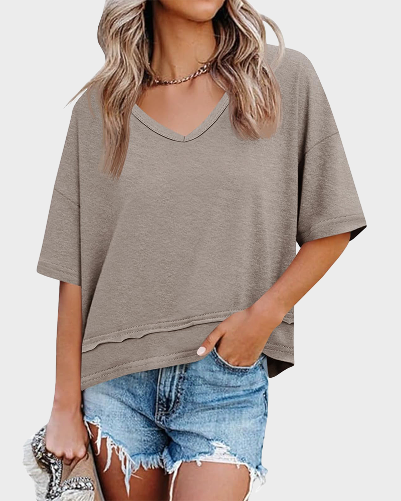Women's Summer V Neck Short Sleeve Flowy Loose Fit Basic Tee Cute Casual Top