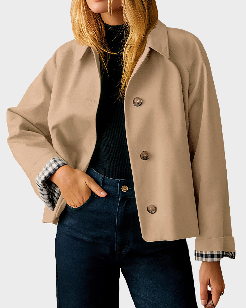 Women's Cropped Trench Coat Style Oversized Checkered Lining Jacket