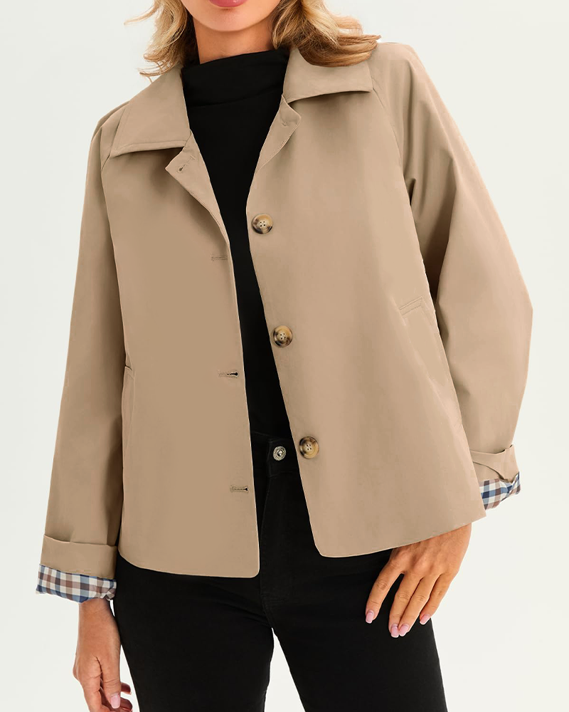 Women's Cropped Trench Coat Style Oversized Checkered Lining Jacket