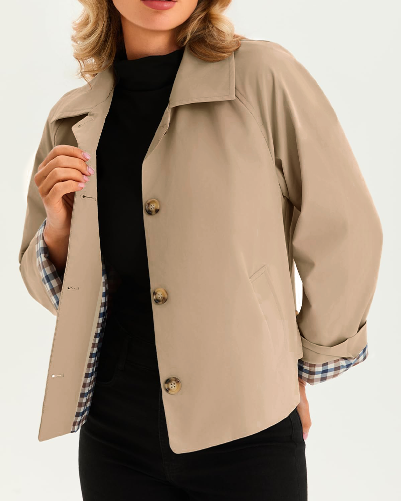 Women's Cropped Trench Coat Style Oversized Checkered Lining Jacket