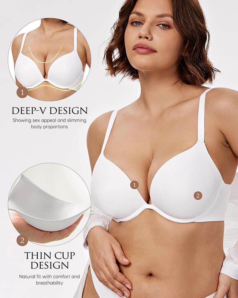Breathable Mesh Deep V Push Up Padded Low Plunge T Shirt Bra