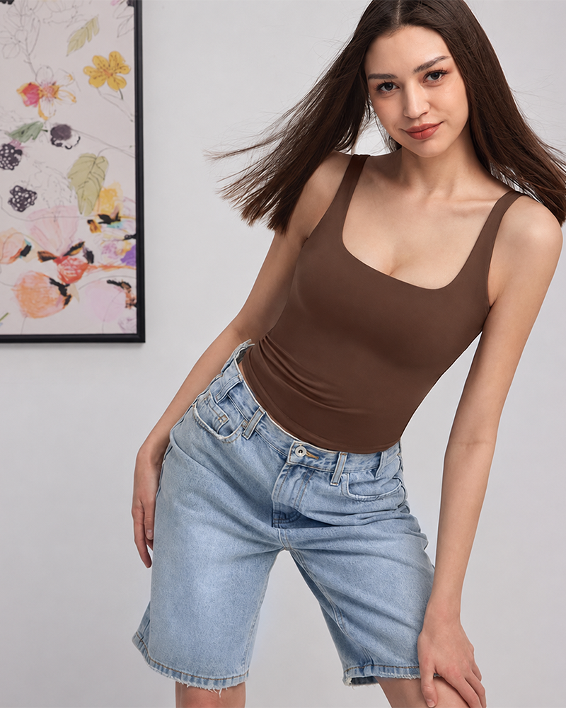 Square Neck Double Layer Stretchy Cami Soft Wide Strap Tank Top