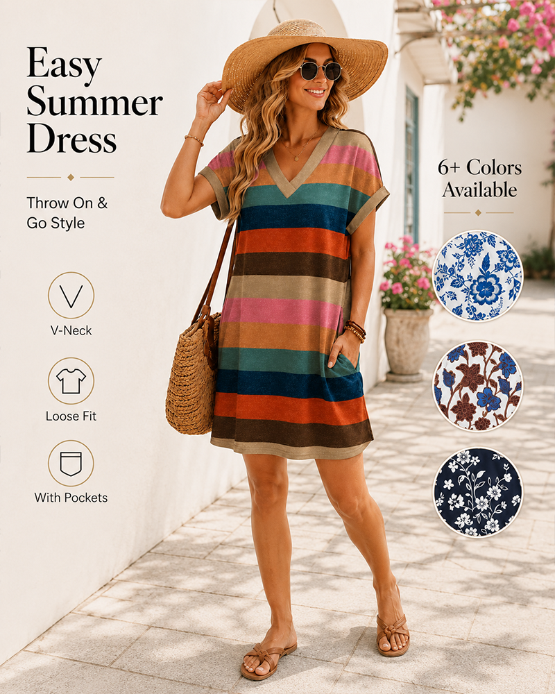 Women's Casual V Neck Short Sleeve T Shirt Dress
