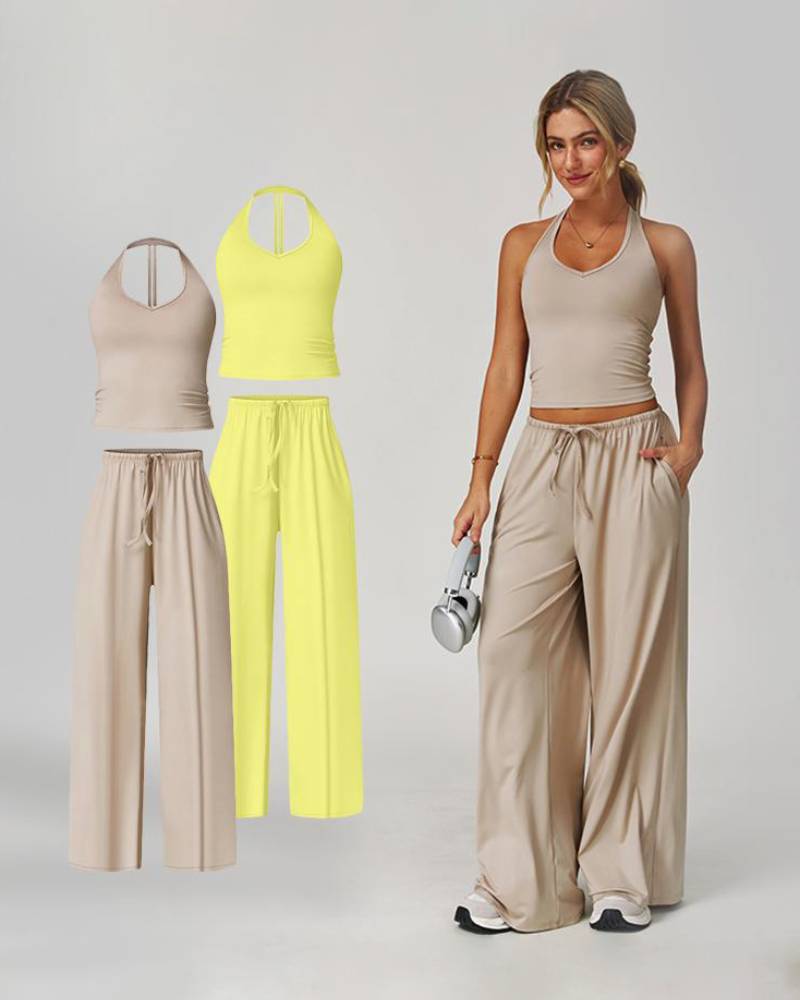 V Neck Strappy Top & Wide Leg Pants Casual Summer 2 Piece Set