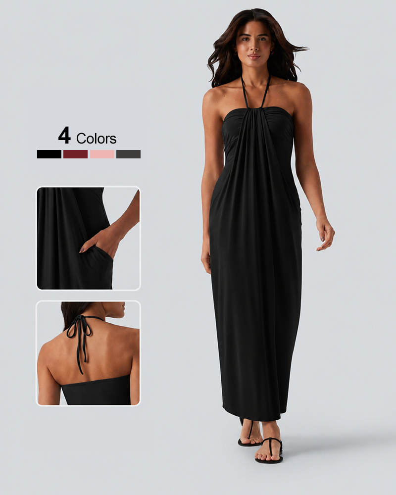 Strapless Halter Neck Sexy Backless with Pockets Tie Back Maxi Dress