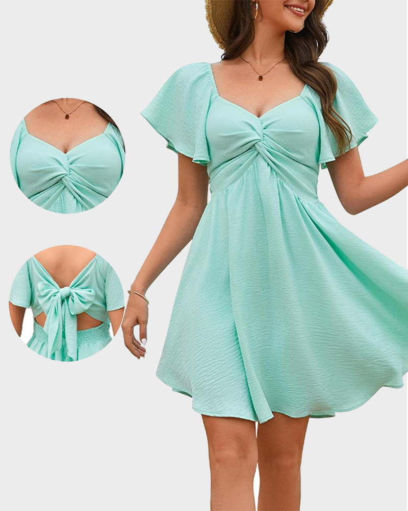 Sweetheart Knot Front Flutter Sleeve Tie Back A Line Floral Mini Dress