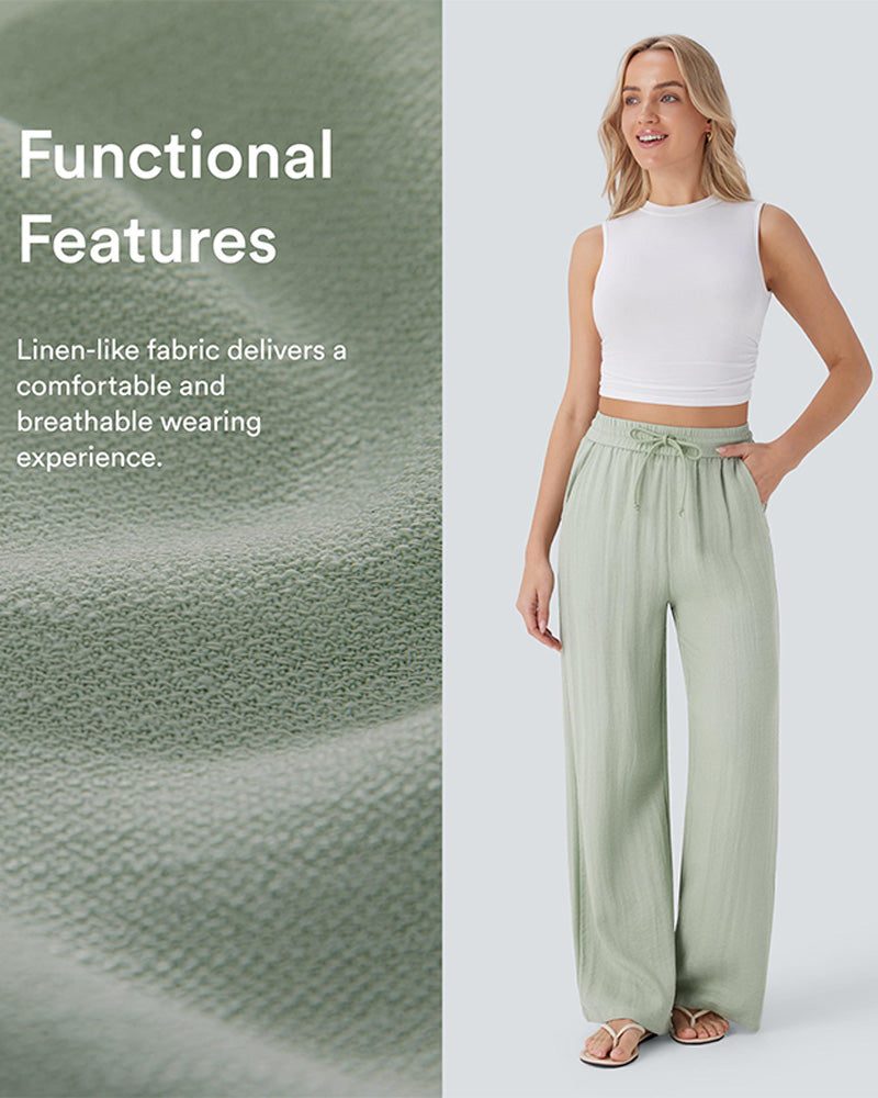 High Waisted Drawstring Pocket Wide Leg Casual Linen-Feel Pants