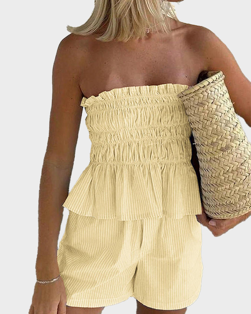 Striped Tube Top & Shorts Set Casual Strapless Two Piece for Women