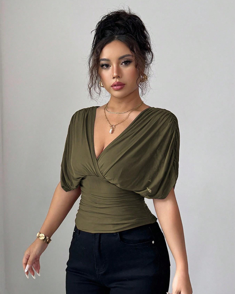Women's V Neck Ruched Slim Fit Blouse Short Sleeve Summer Top