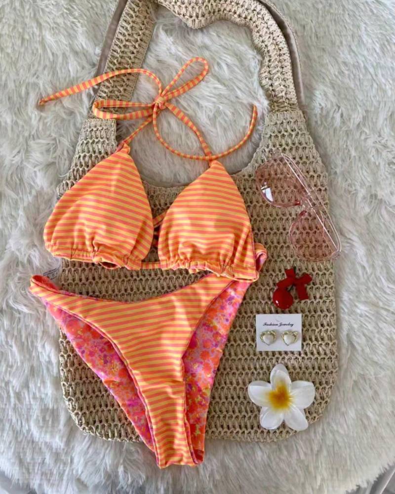 Sexy Tie Neck Ditsy Floral Stripe Two Piece Bikini Set Beach Swimsuit