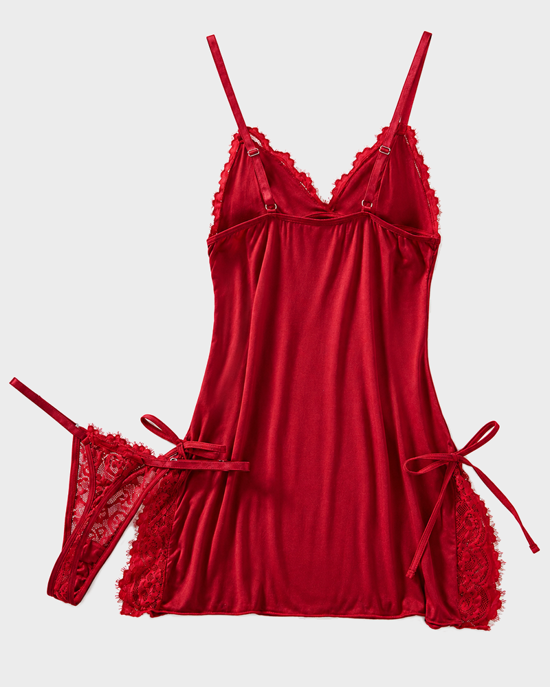 Bow Lace Cami Nightdress & Thong Set Soft Sexy Sleepwear Loungewear