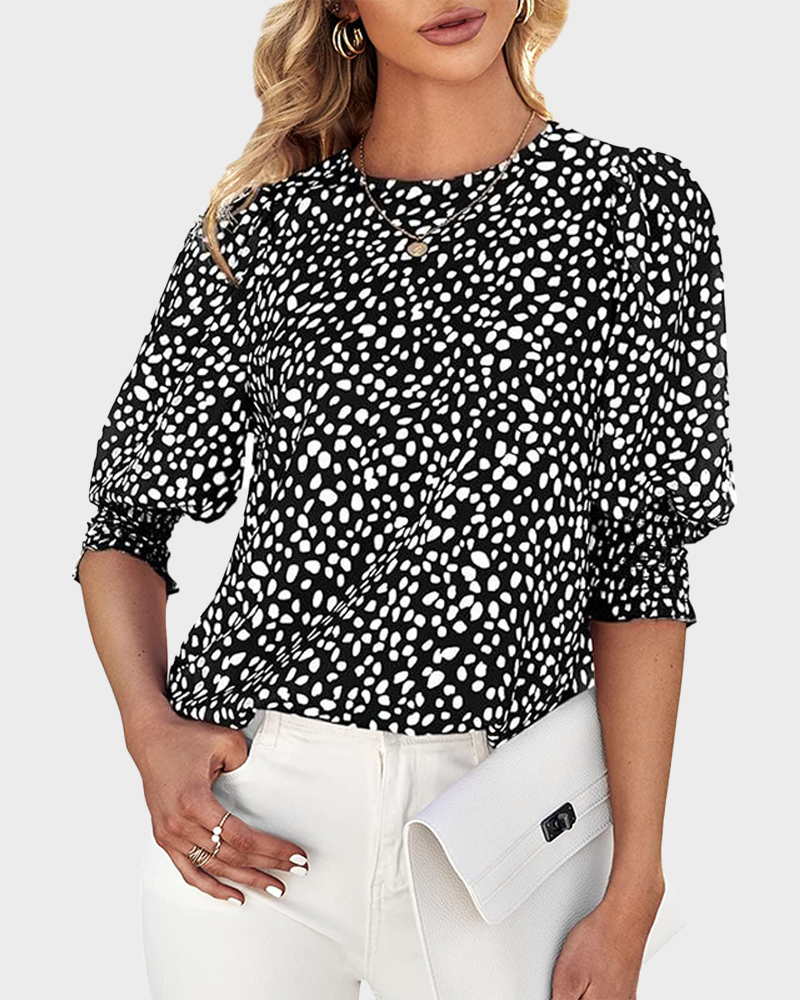 Women's Polka Dot 3/4 Sleeve Crew Neck Blouse Casual Soft Office Top